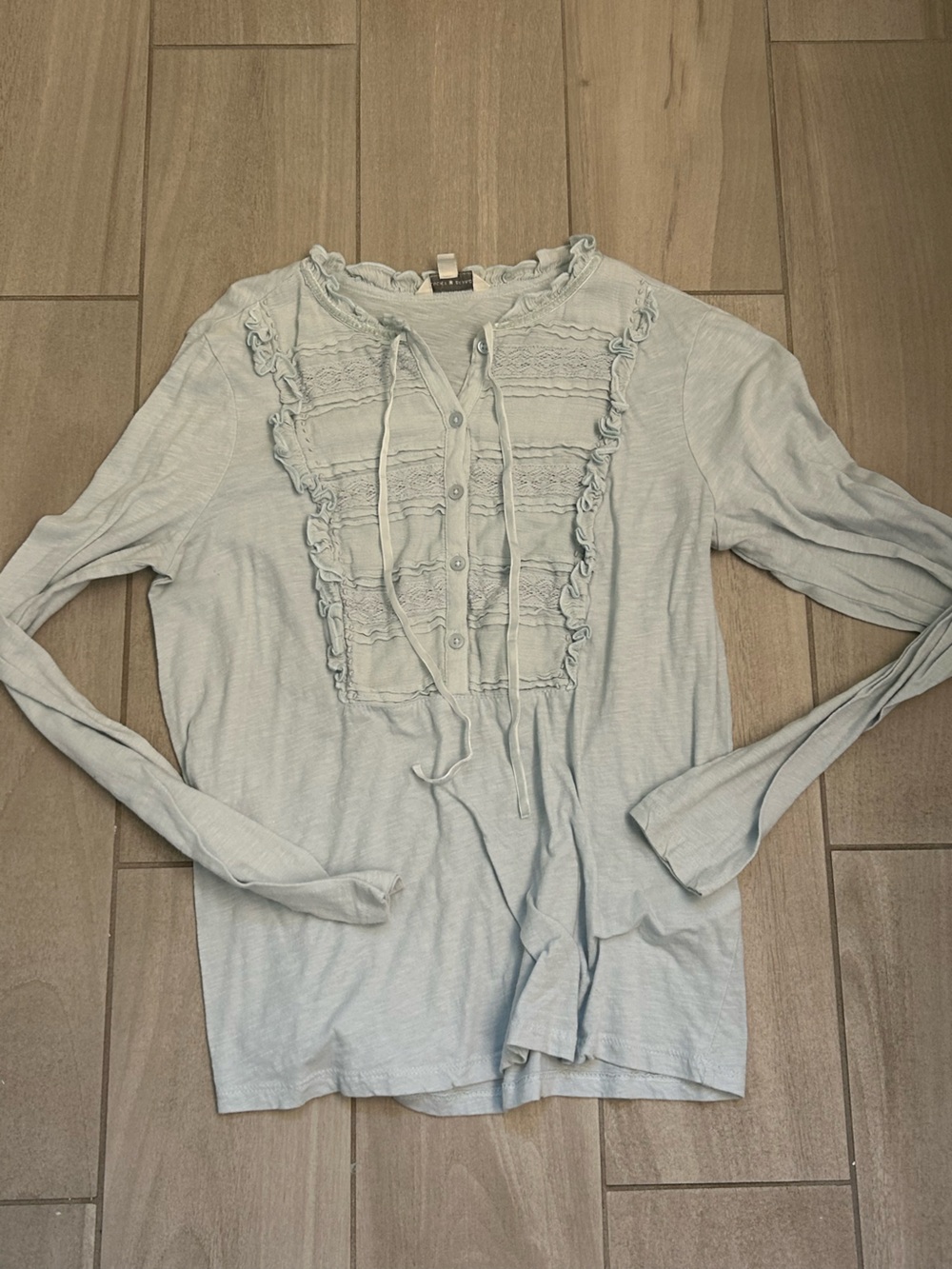Lucky Brand Light Blue Ruffle Lace-Front Long Sleeve Top